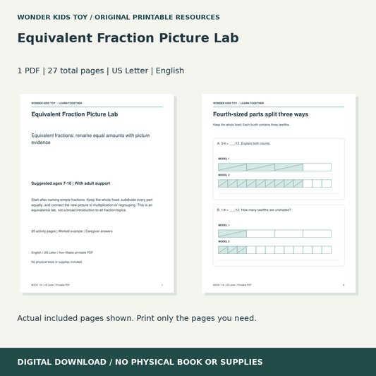 Equivalent Fraction Picture Lab: actual included PDF previews, 27 total pages, US Letter digital download