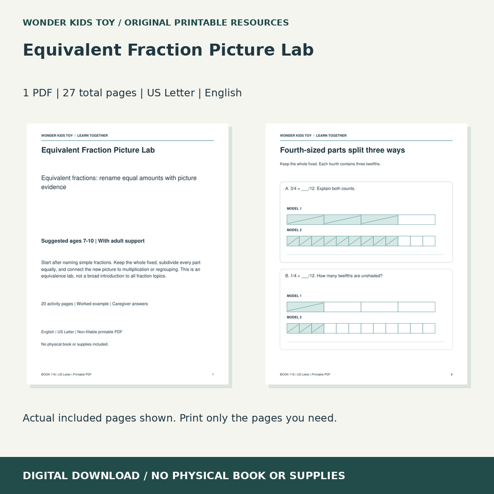 Equivalent Fraction Picture Lab: actual included PDF previews, 27 total pages, US Letter digital download