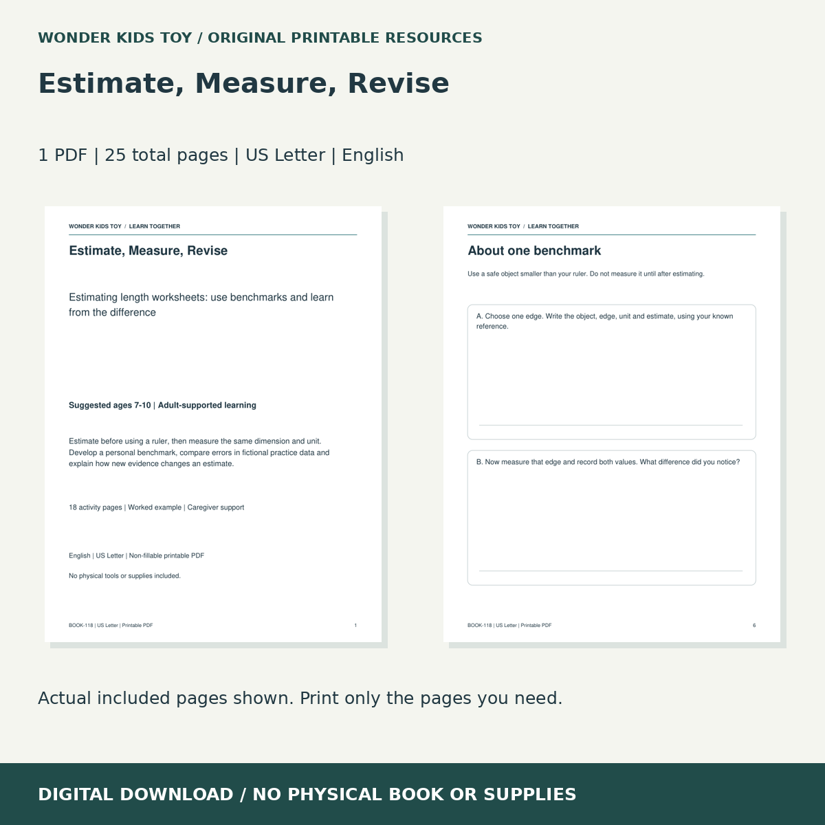 Estimate, Measure, Revise: actual included PDF previews, 25 total pages, US Letter digital download
