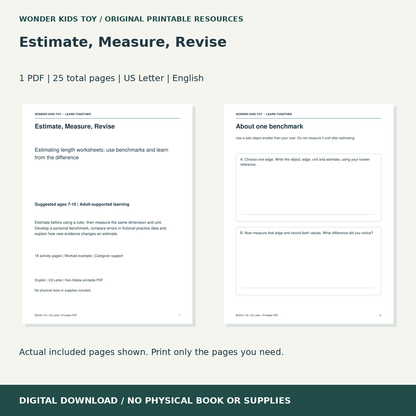 Estimate, Measure, Revise: actual included PDF previews, 25 total pages, US Letter digital download