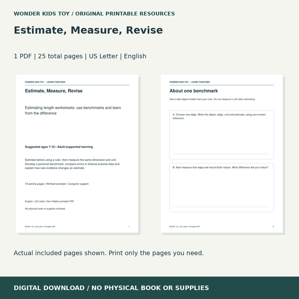 Estimate, Measure, Revise: actual included PDF previews, 25 total pages, US Letter digital download