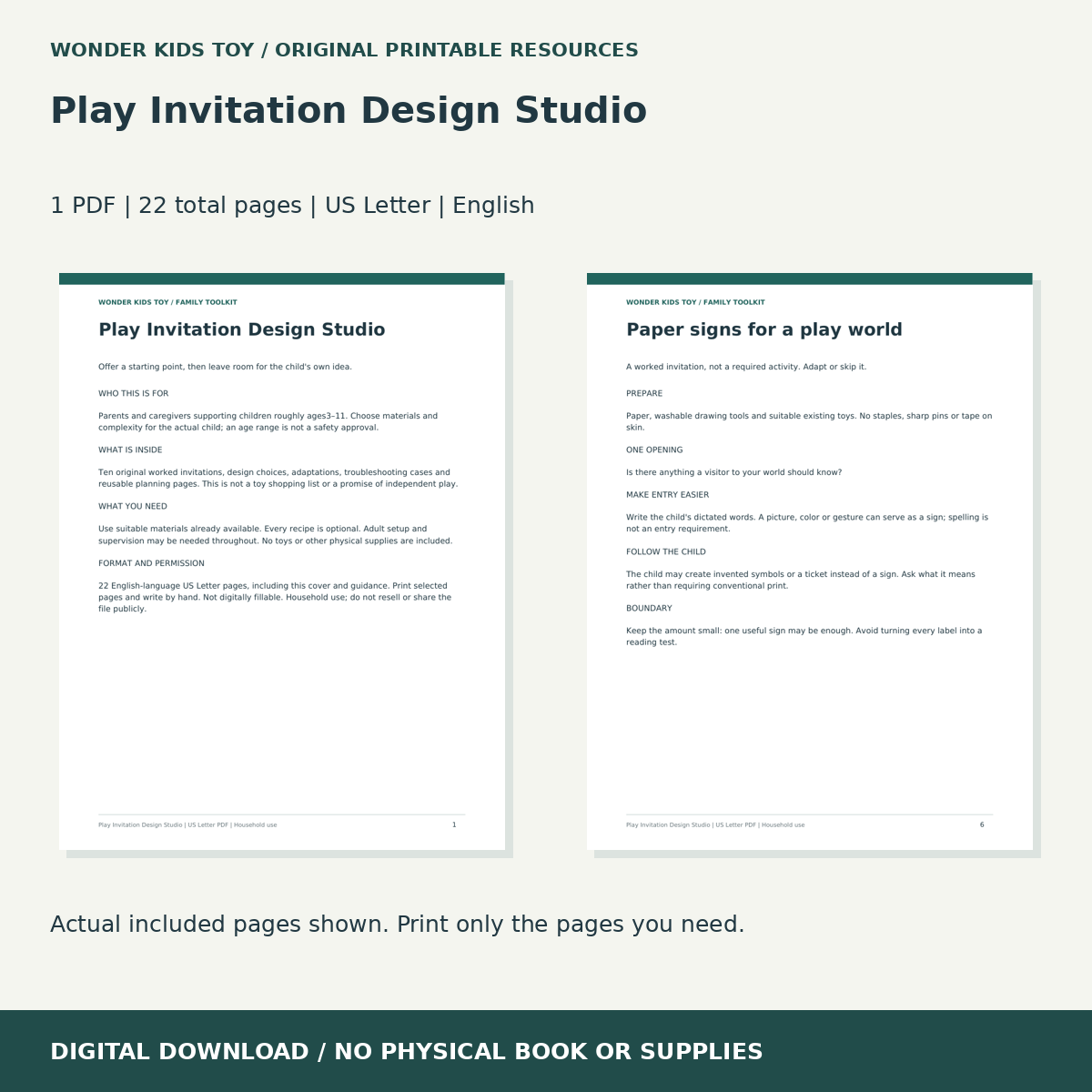 Play Invitation Design Studio: actual included PDF previews, 22 total pages, US Letter digital download