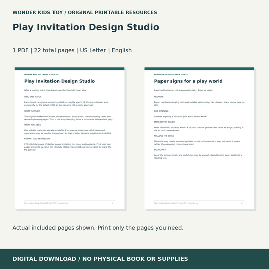 Play Invitation Design Studio: actual included PDF previews, 22 total pages, US Letter digital download