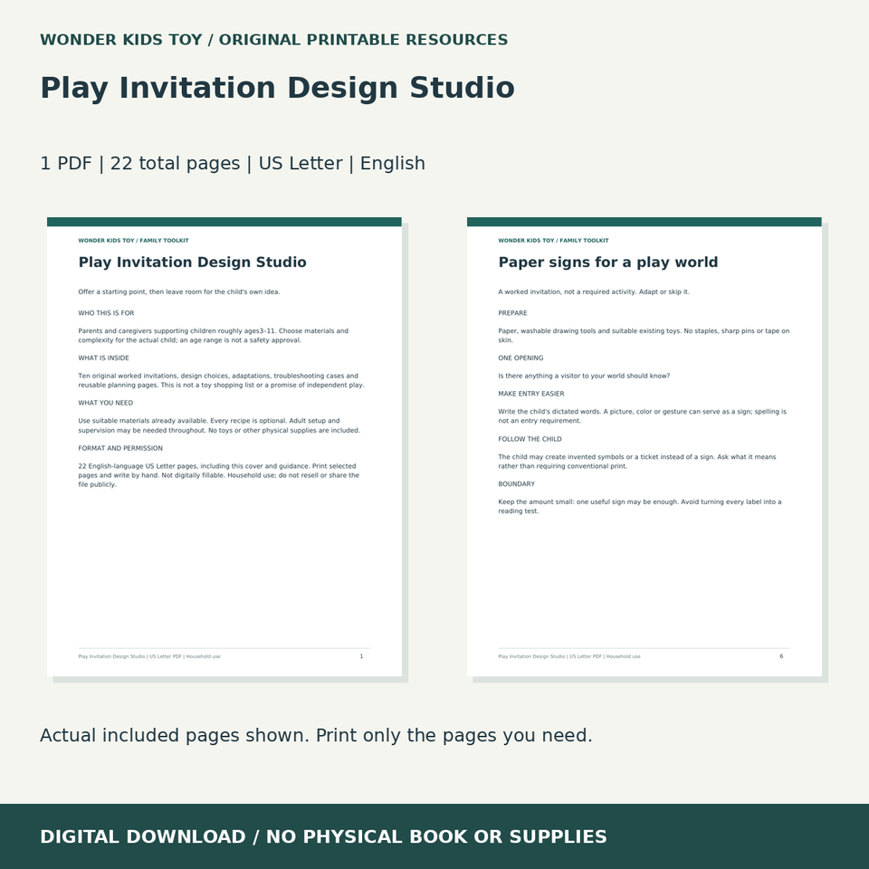 Play Invitation Design Studio: actual included PDF previews, 22 total pages, US Letter digital download