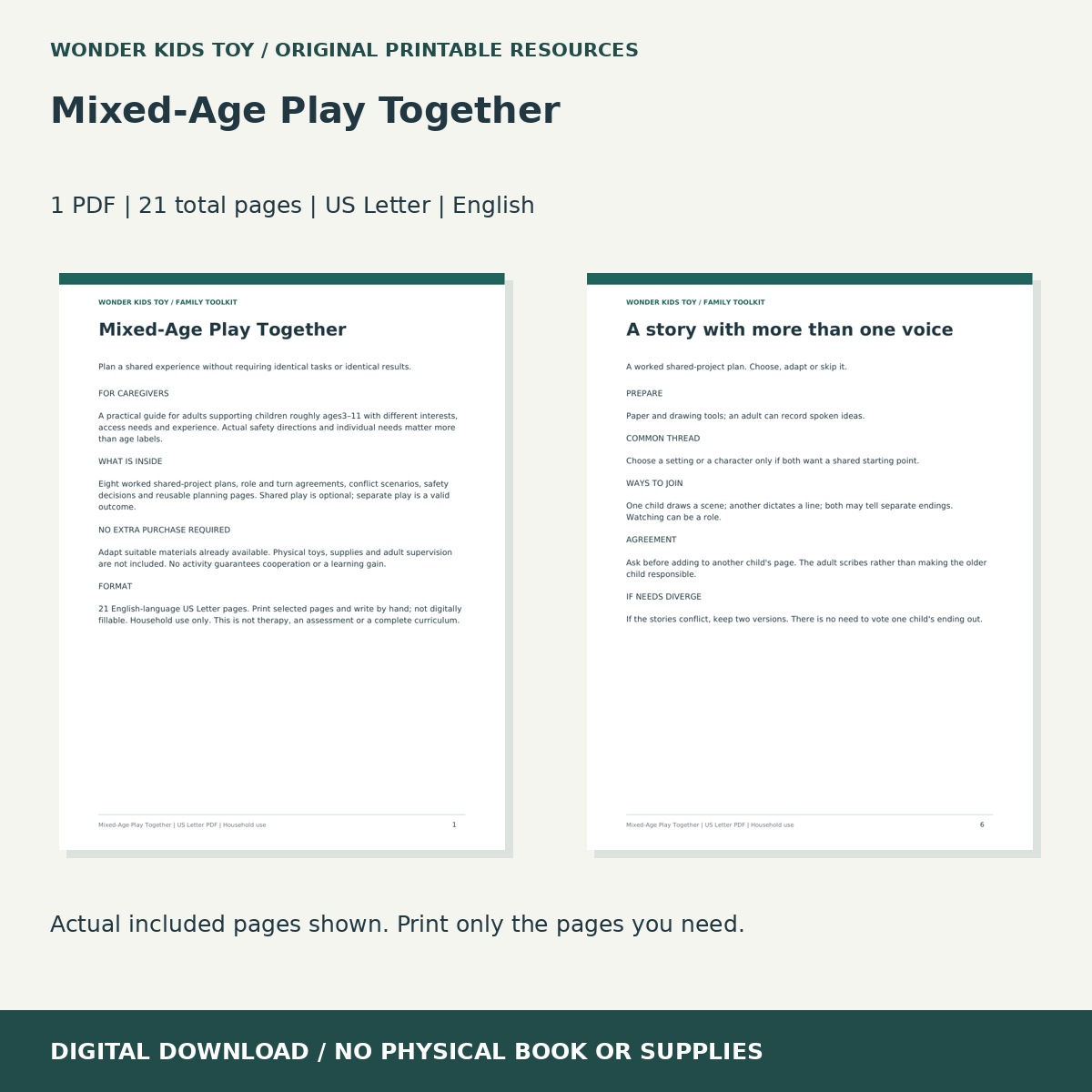 Mixed-Age Play Together: actual included PDF previews, 21 total pages, US Letter digital download