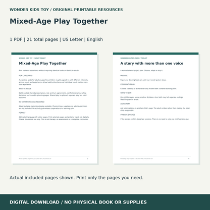 Mixed-Age Play Together: actual included PDF previews, 21 total pages, US Letter digital download