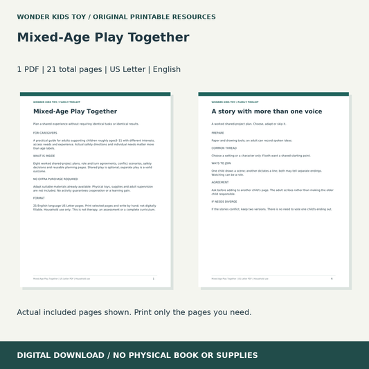 Mixed-Age Play Together: actual included PDF previews, 21 total pages, US Letter digital download