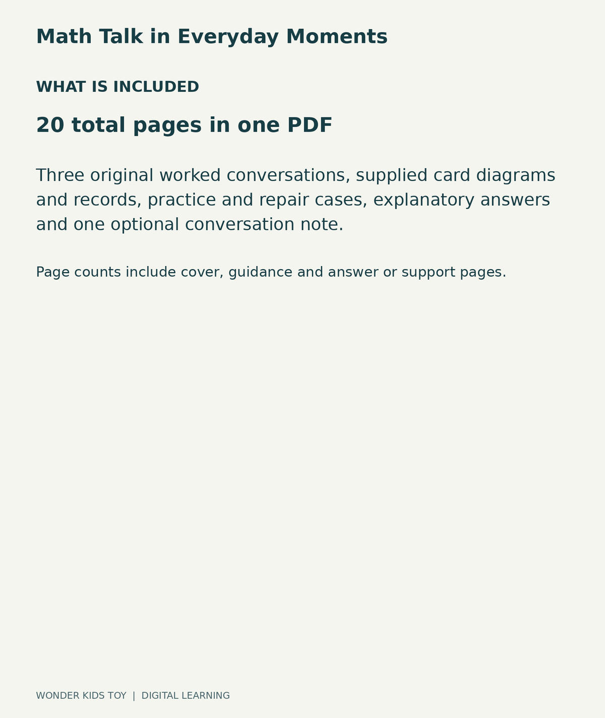 Math Talk in Everyday Moments: contents overview, one PDF with 20 total pages