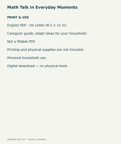 Math Talk in Everyday Moments: US Letter English printable PDF and household-use details