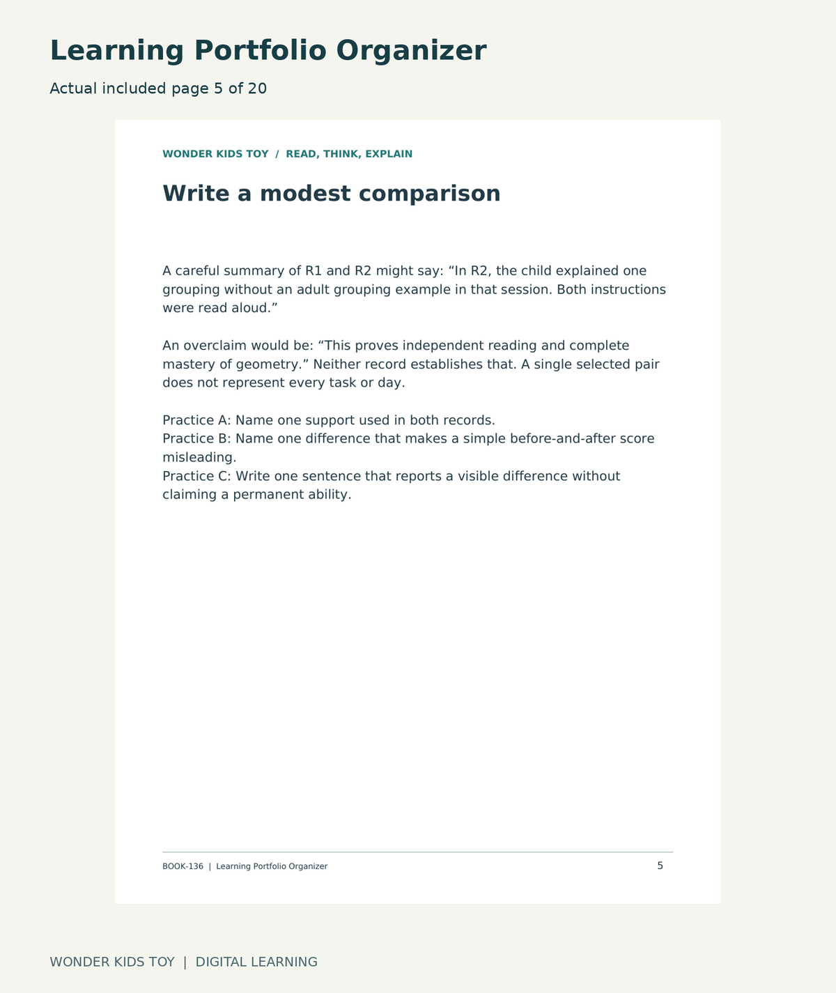 Learning Portfolio Organizer: actual included PDF page5 of 20