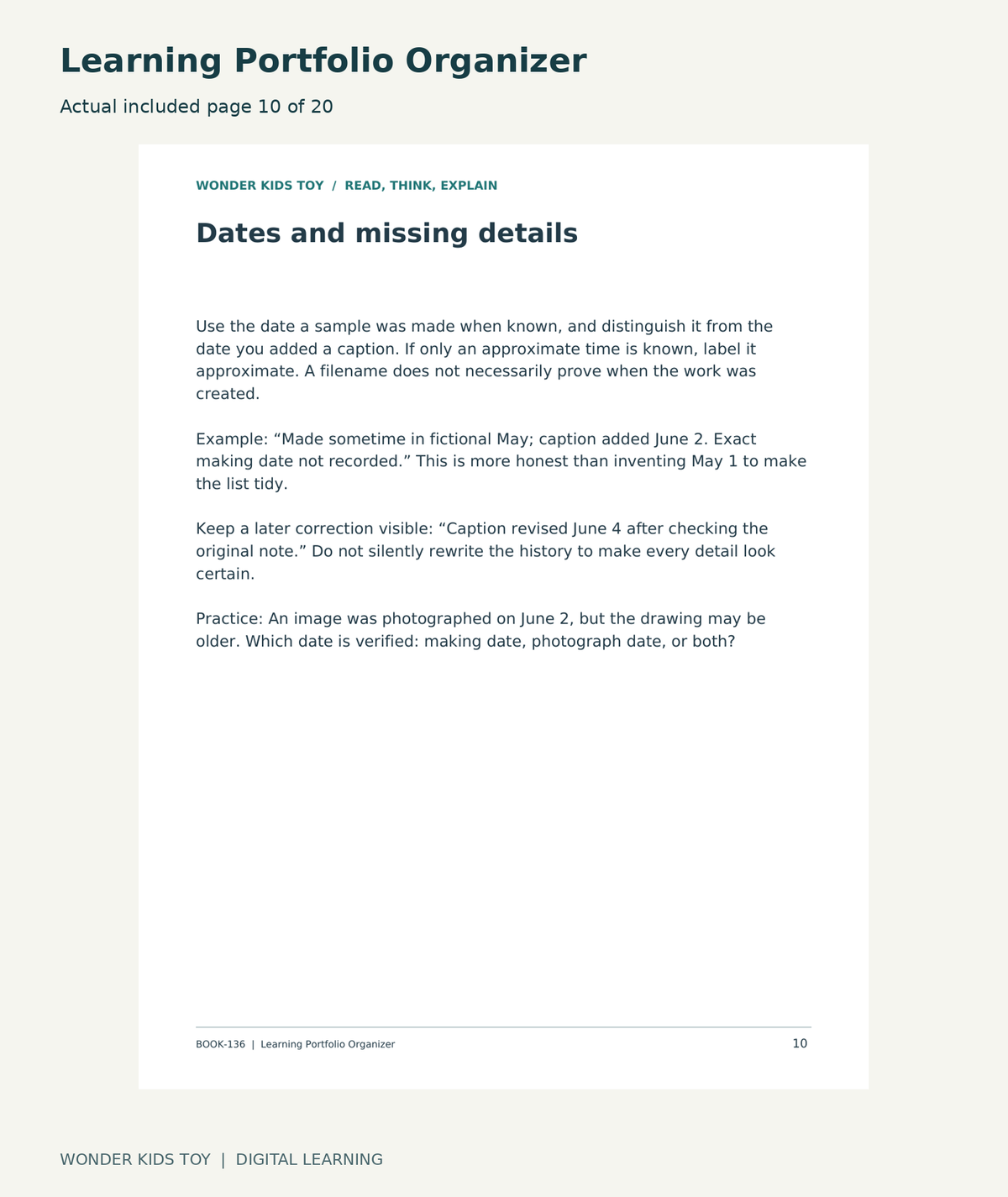 Learning Portfolio Organizer: actual included PDF page10 of 20