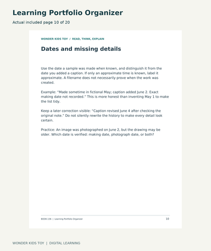 Learning Portfolio Organizer: actual included PDF page10 of 20