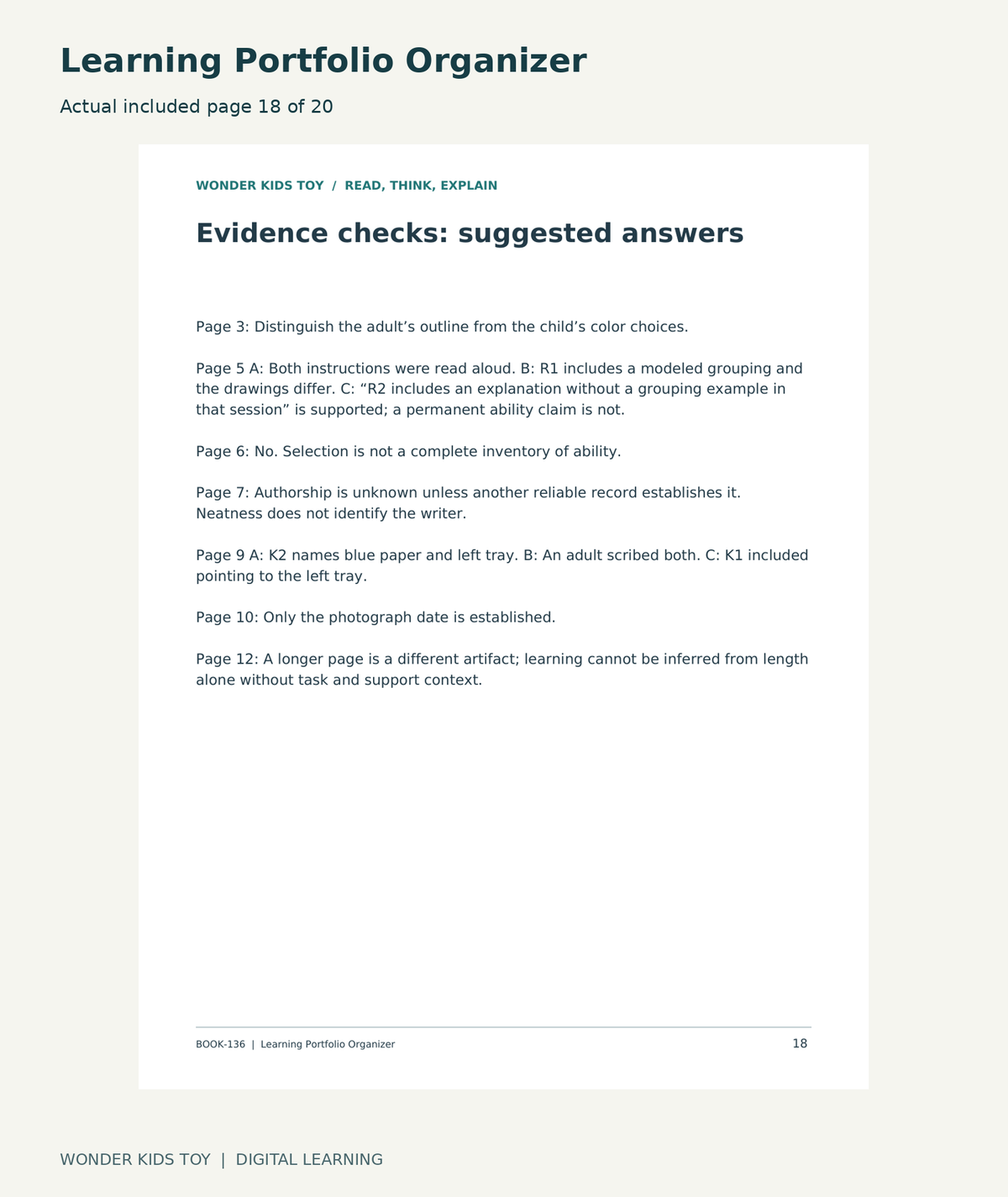 Learning Portfolio Organizer: actual included PDF page18 of 20