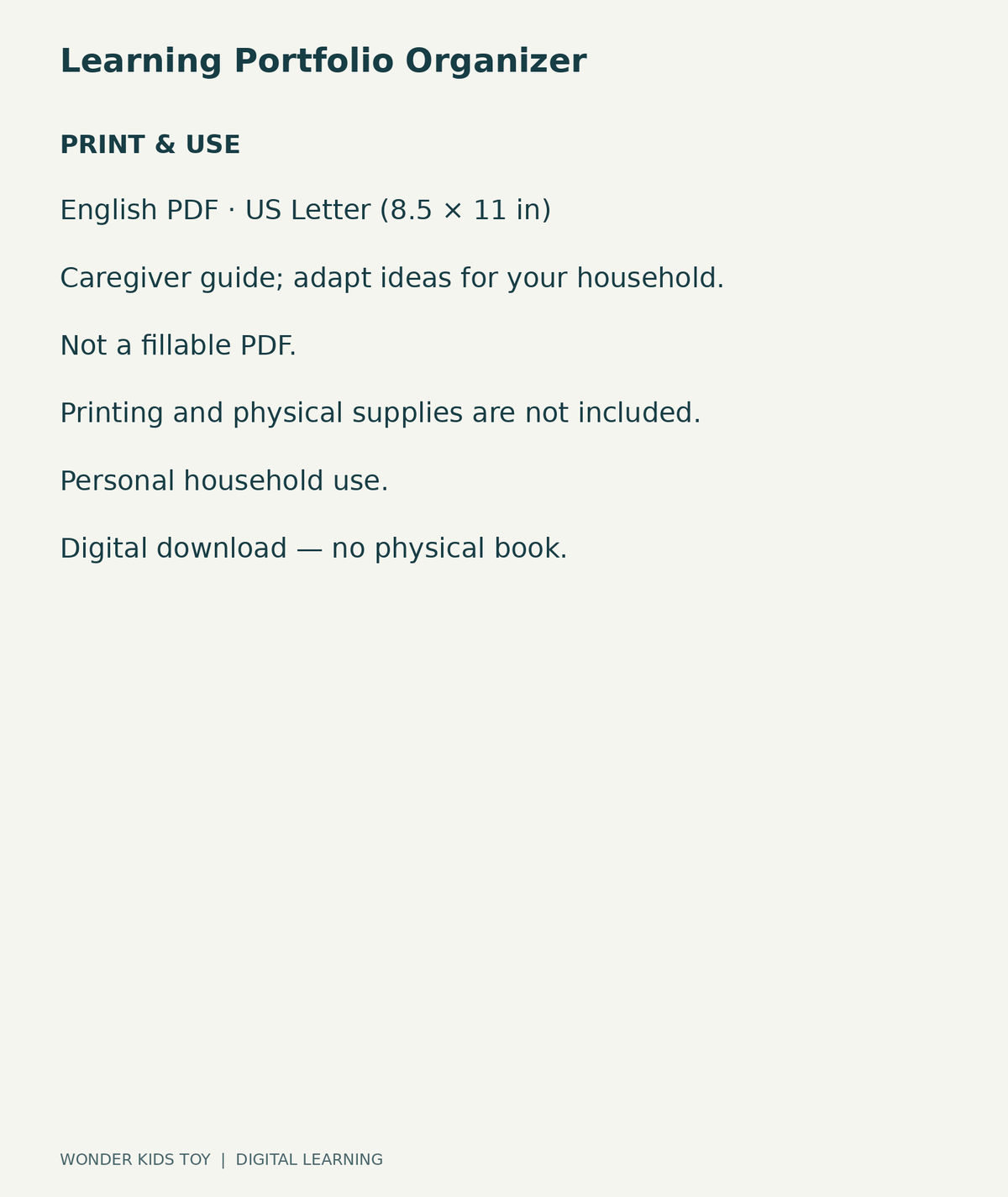 Learning Portfolio Organizer: US Letter English printable PDF and household-use details