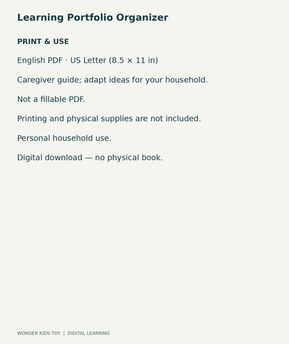 Learning Portfolio Organizer: US Letter English printable PDF and household-use details