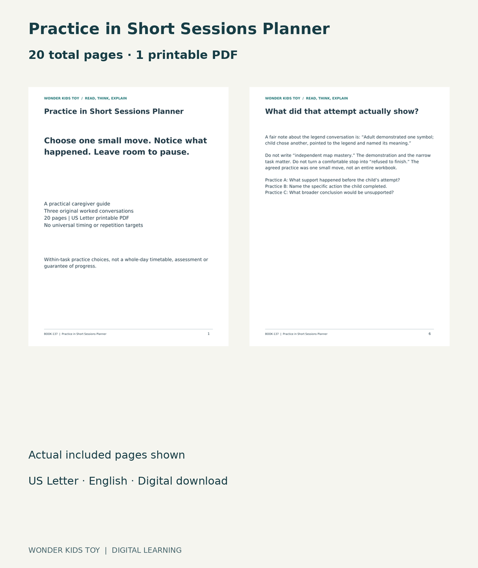 Practice in Short Sessions Planner: actual included PDF cover and page6, 20 total pages
