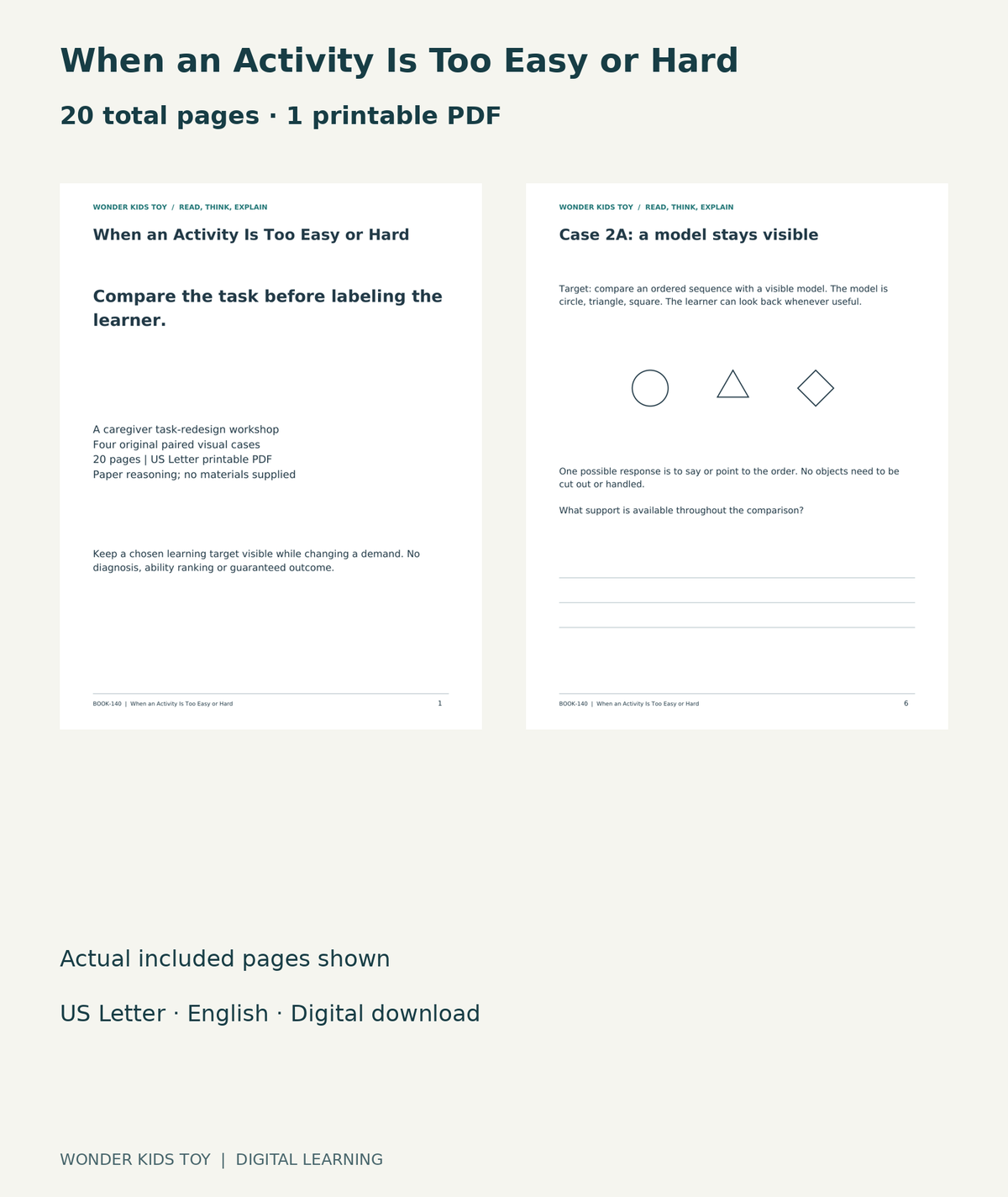 When an Activity Is Too Easy or Hard: actual included PDF cover and page6, 20 total pages