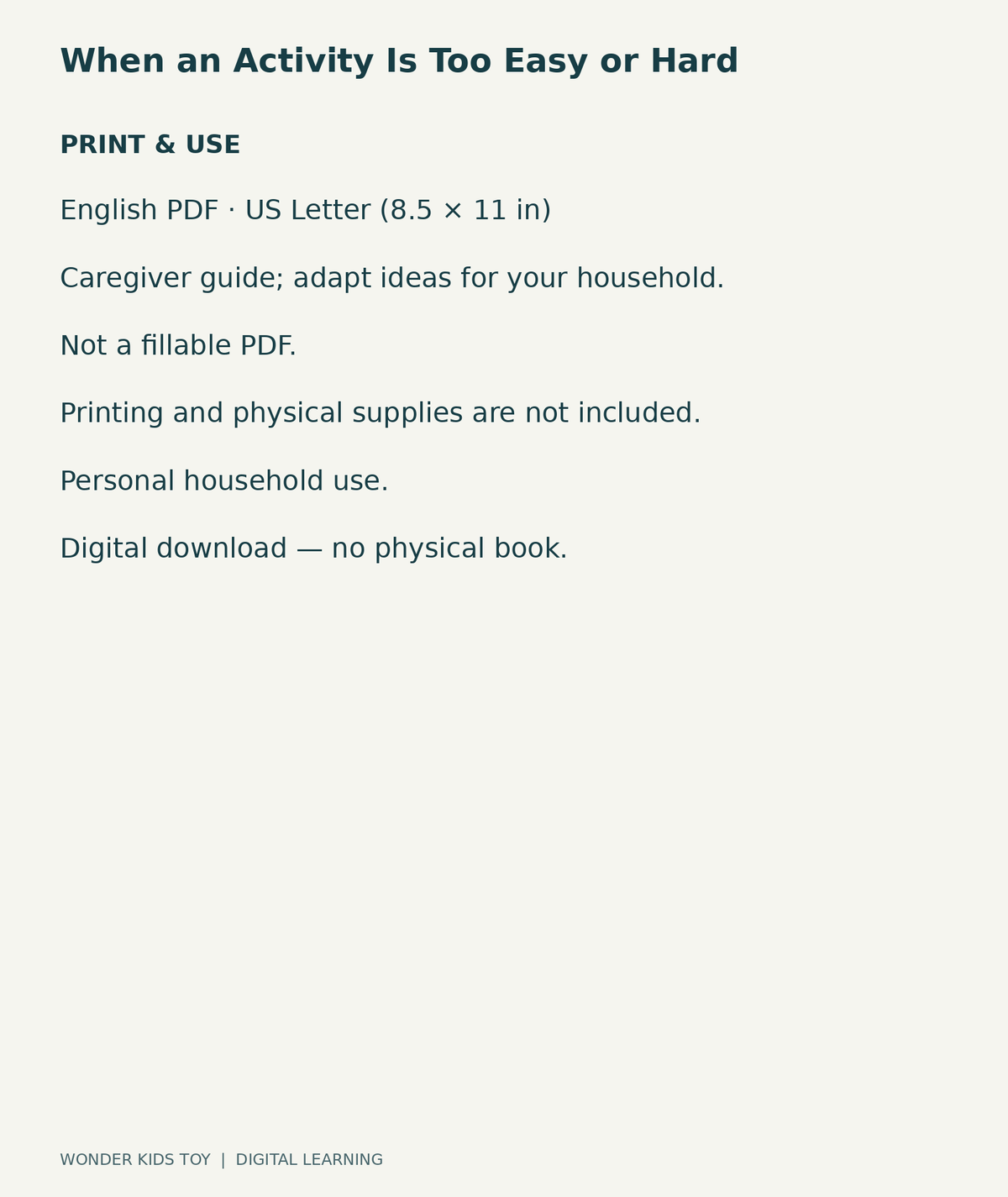 When an Activity Is Too Easy or Hard: US Letter English printable PDF and household-use details