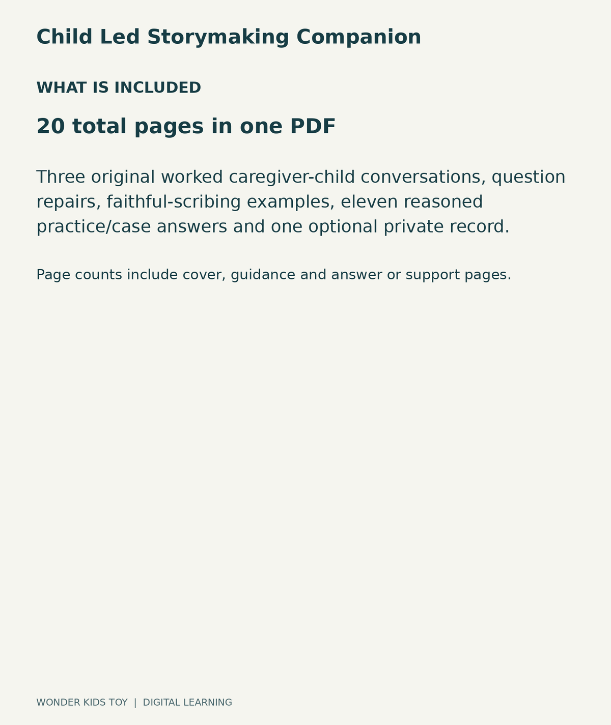 Child Led Storymaking Companion: contents overview, one PDF with 20 total pages