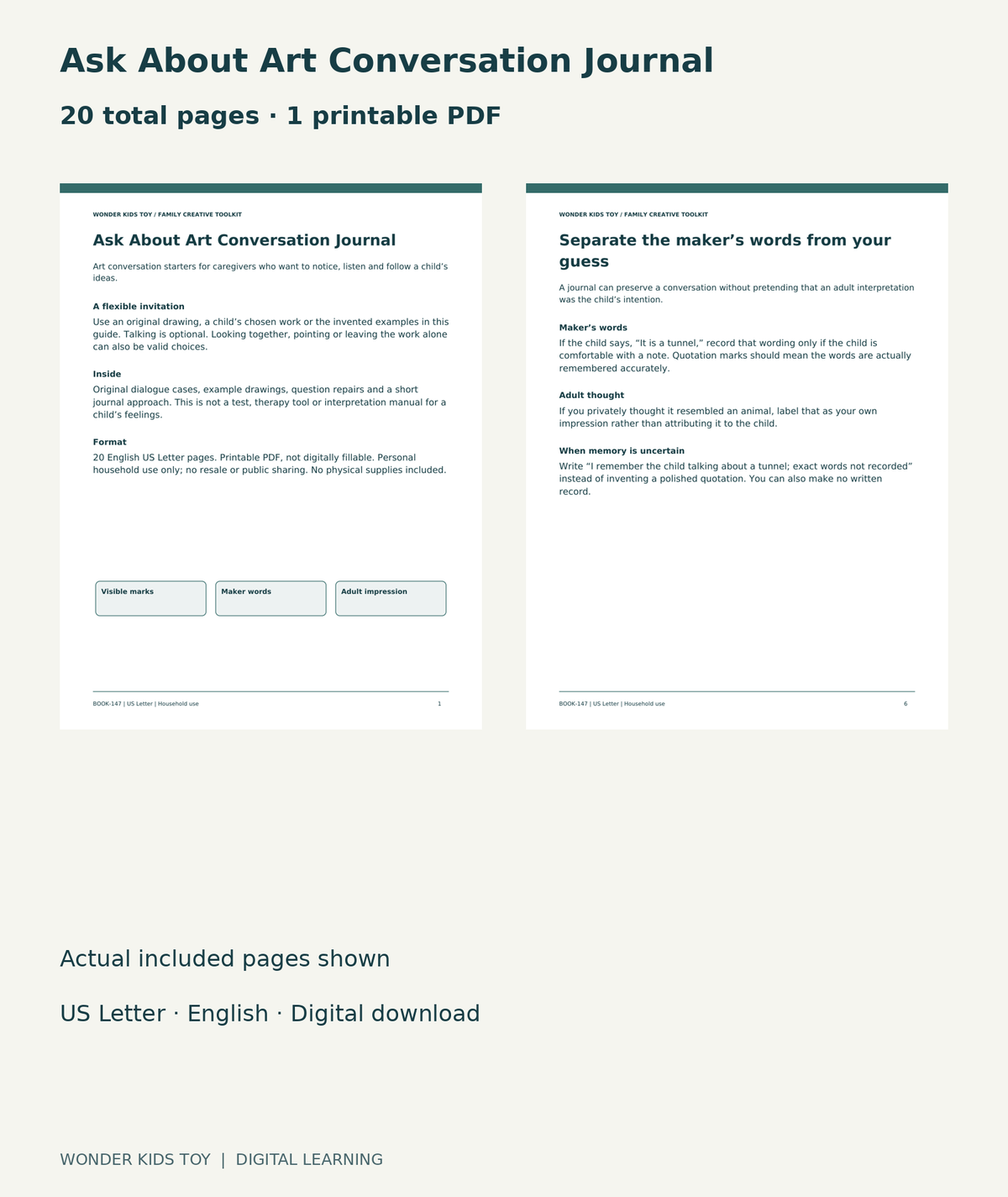 Ask About Art Conversation Journal: actual included PDF cover and page6, 20 total pages