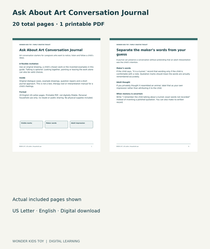Ask About Art Conversation Journal: actual included PDF cover and page6, 20 total pages