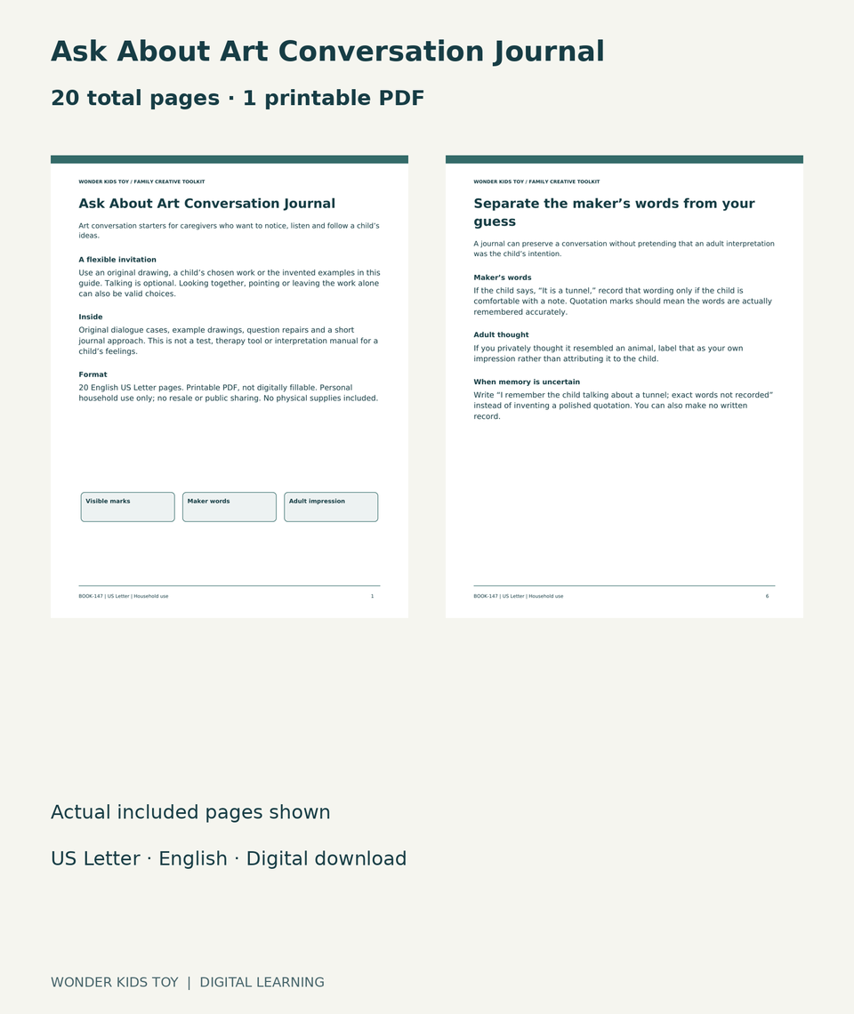 Ask About Art Conversation Journal: actual included PDF cover and page6, 20 total pages