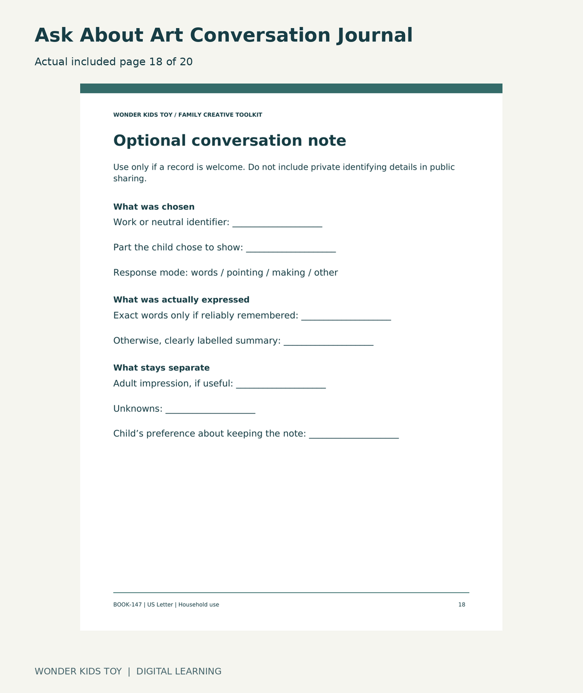 Ask About Art Conversation Journal: actual included PDF page18 of 20