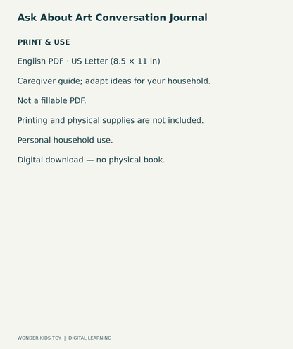 Ask About Art Conversation Journal: US Letter English printable PDF and household-use details