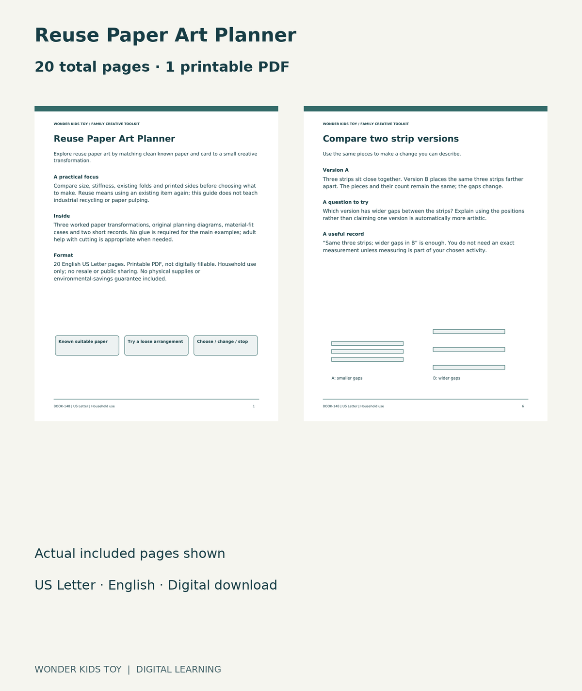 Reuse Paper Art Planner: actual included PDF cover and page6, 20 total pages