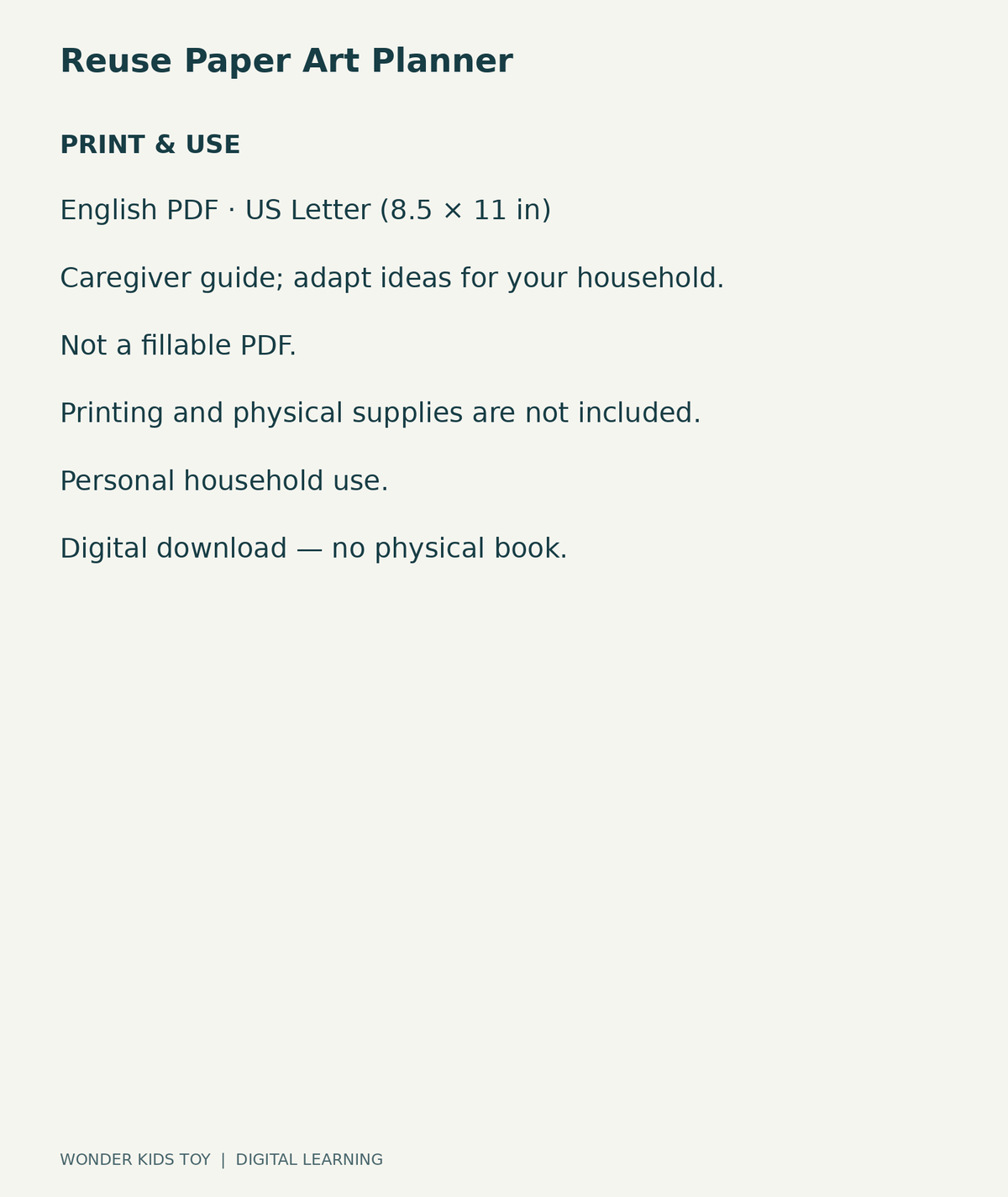 Reuse Paper Art Planner: US Letter English printable PDF and household-use details