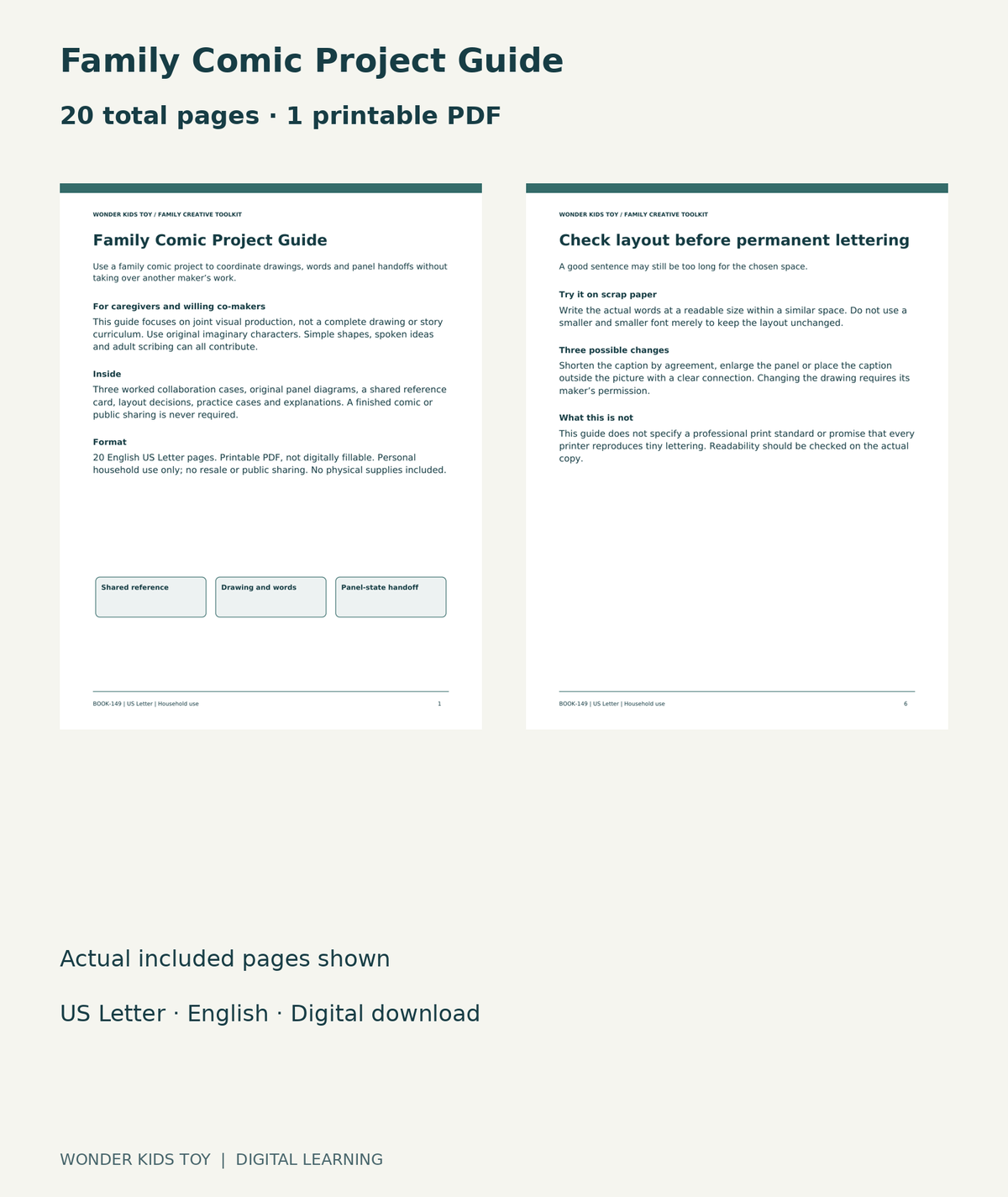Family Comic Project Guide: actual included PDF cover and page6, 20 total pages