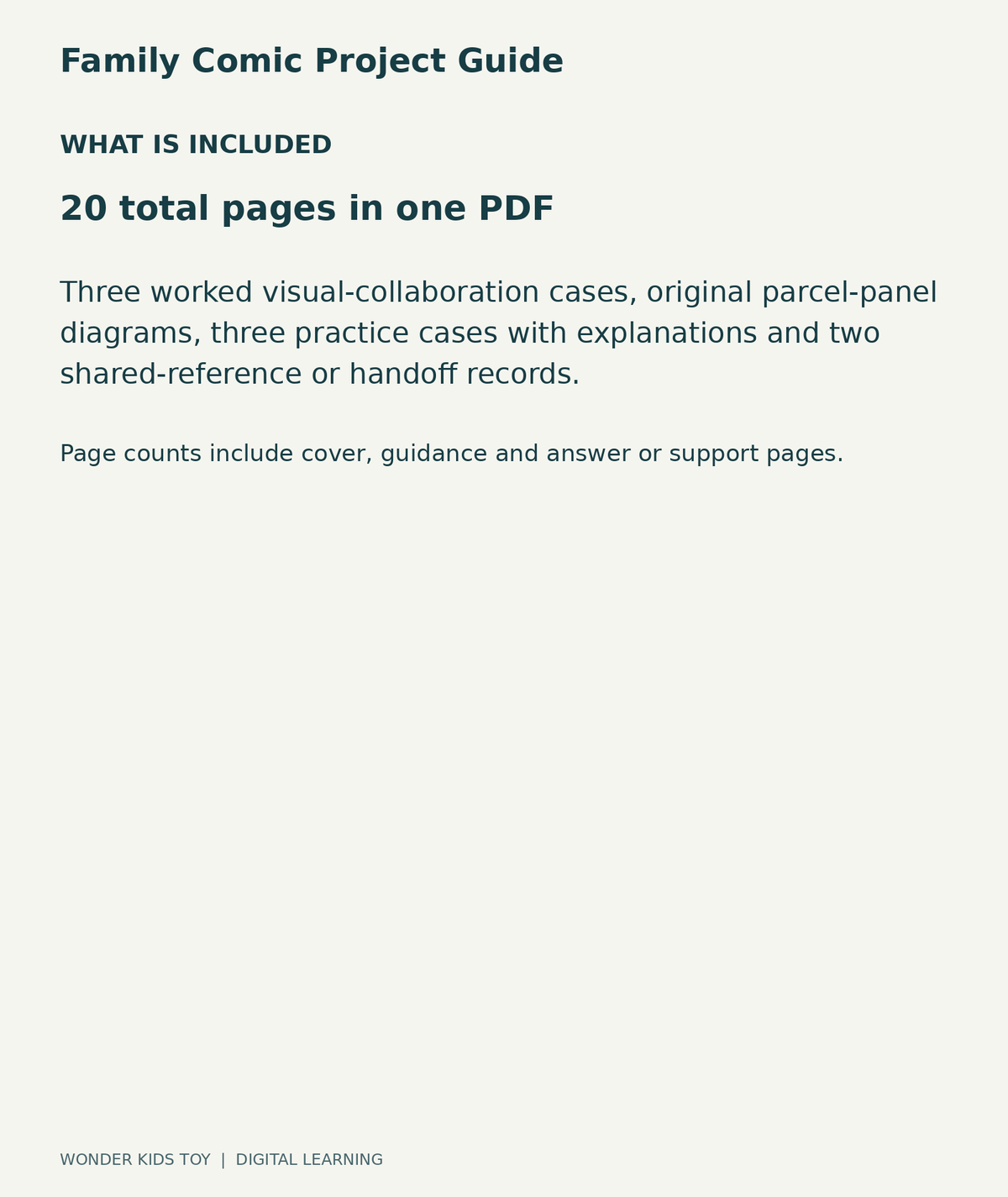 Family Comic Project Guide: contents overview, one PDF with 20 total pages