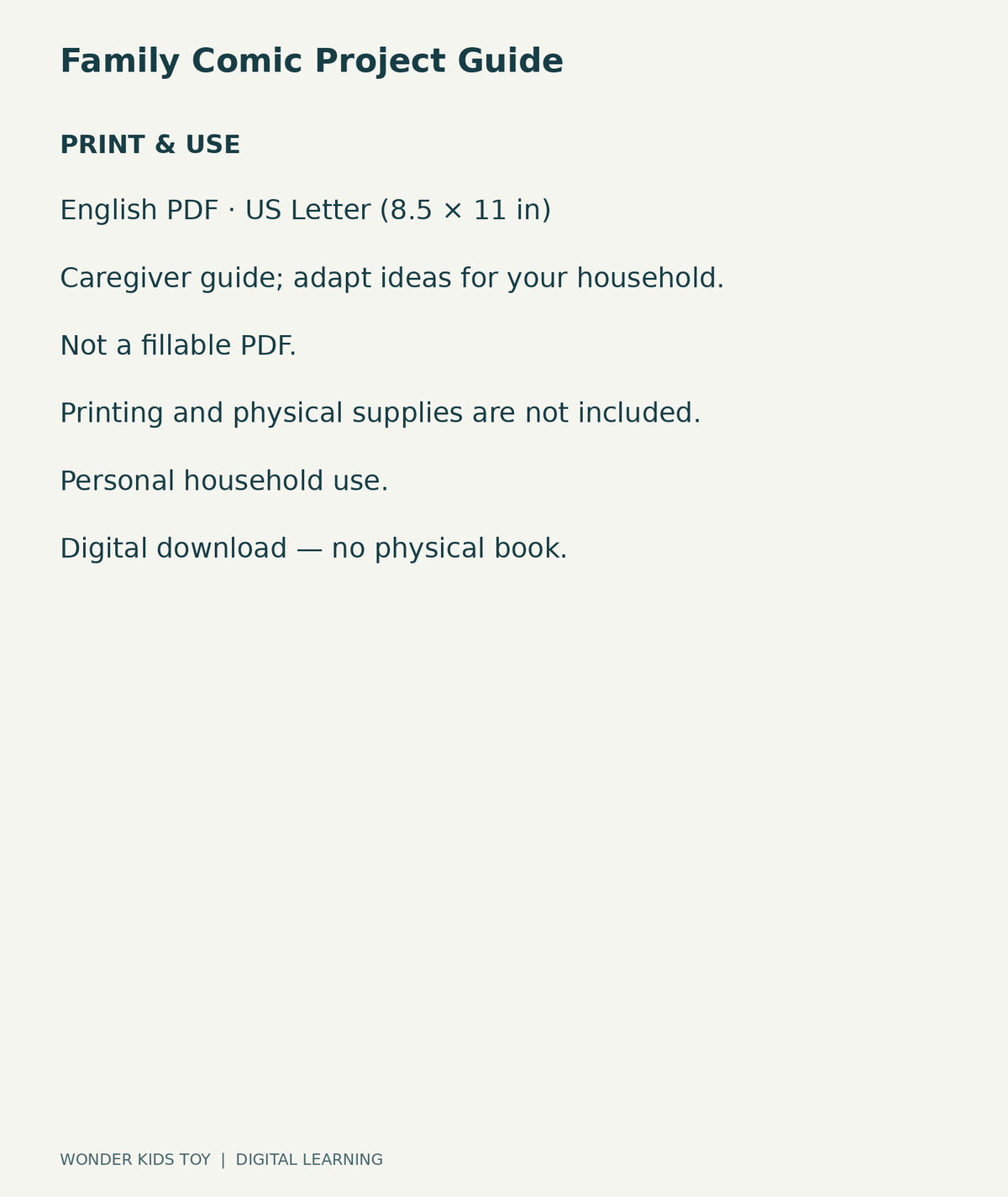 Family Comic Project Guide: US Letter English printable PDF and household-use details