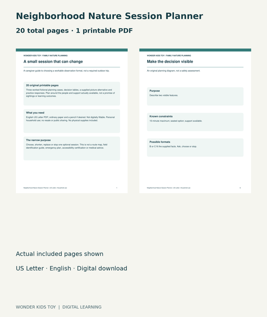 Neighborhood Nature Session Planner: actual included PDF cover and page6, 20 total pages