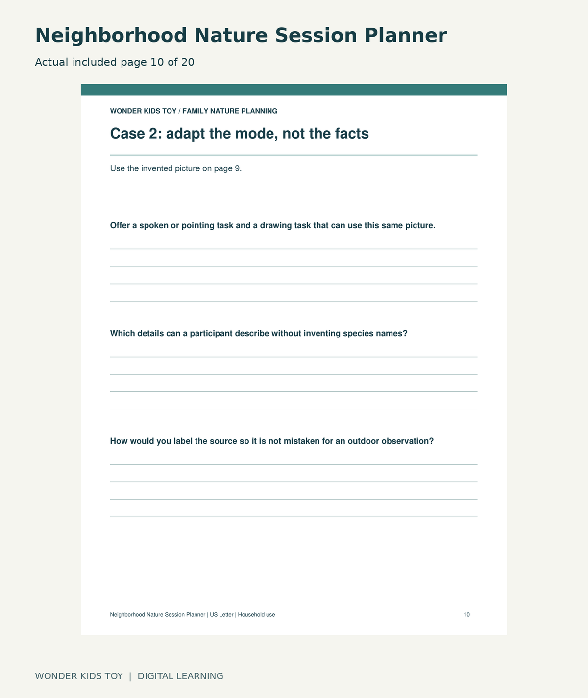 Neighborhood Nature Session Planner: actual included PDF page10 of 20