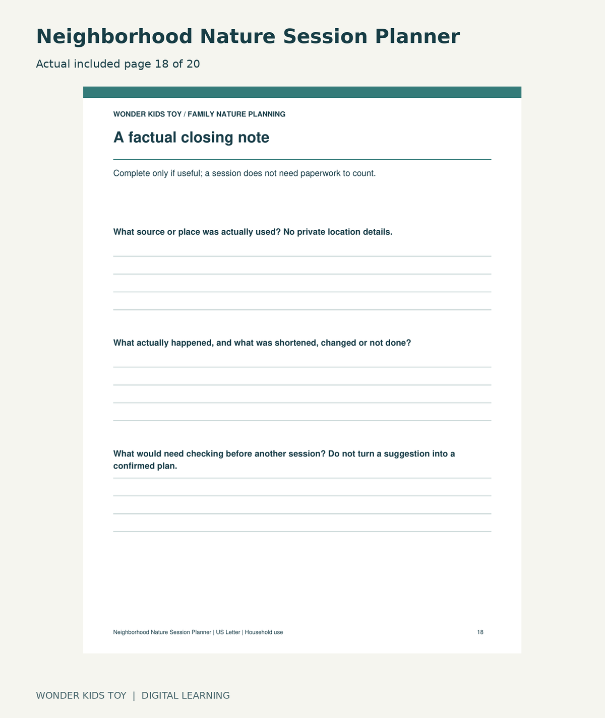 Neighborhood Nature Session Planner: actual included PDF page18 of 20