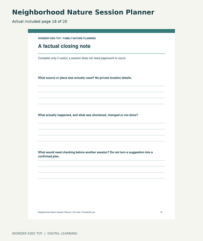 Neighborhood Nature Session Planner: actual included PDF page18 of 20