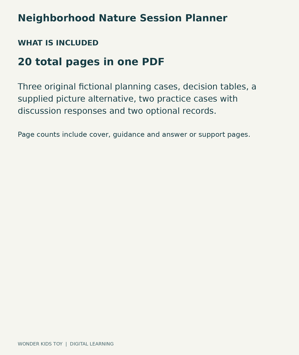 Neighborhood Nature Session Planner: contents overview, one PDF with 20 total pages