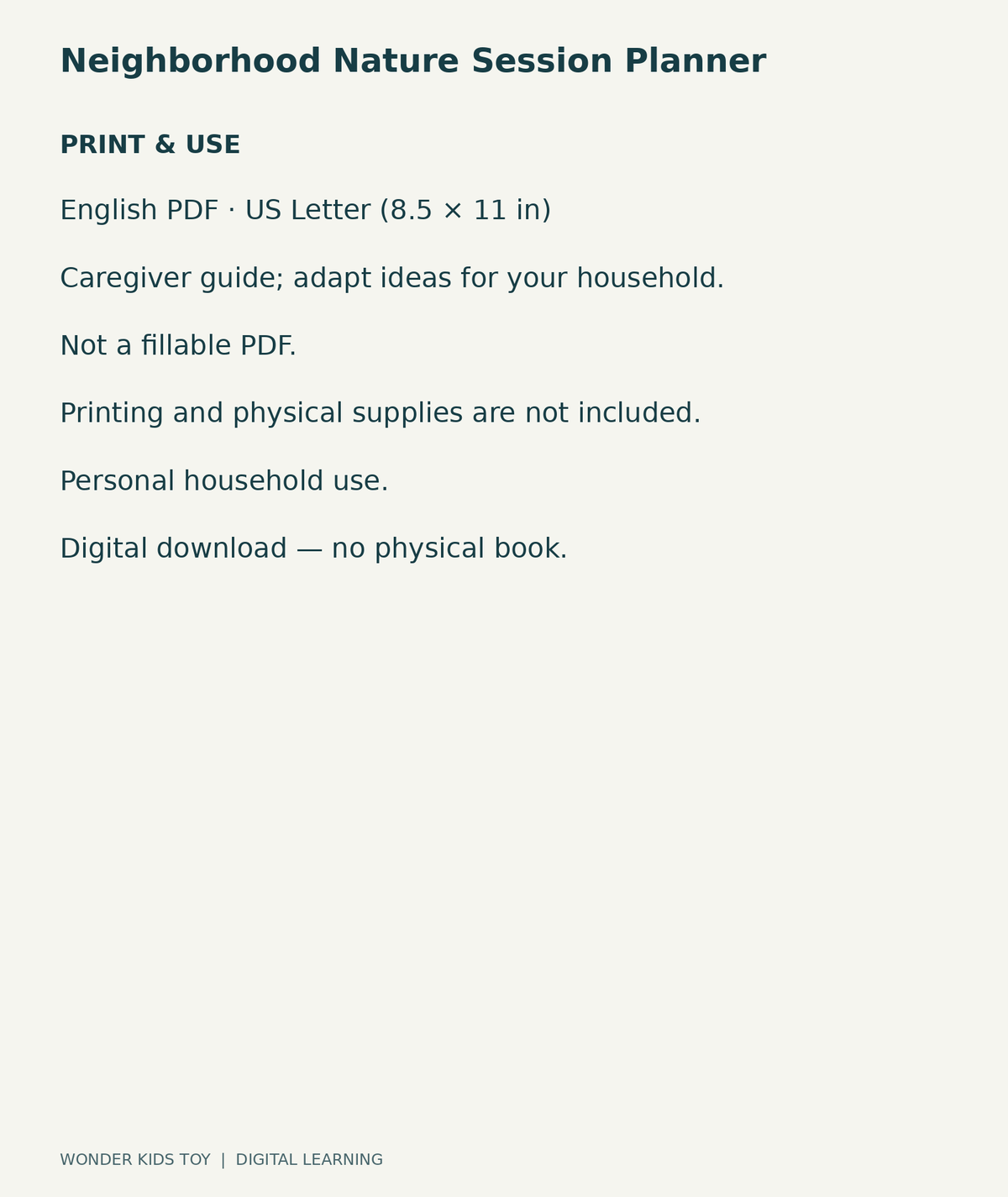 Neighborhood Nature Session Planner: US Letter English printable PDF and household-use details