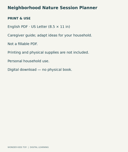 Neighborhood Nature Session Planner: US Letter English printable PDF and household-use details