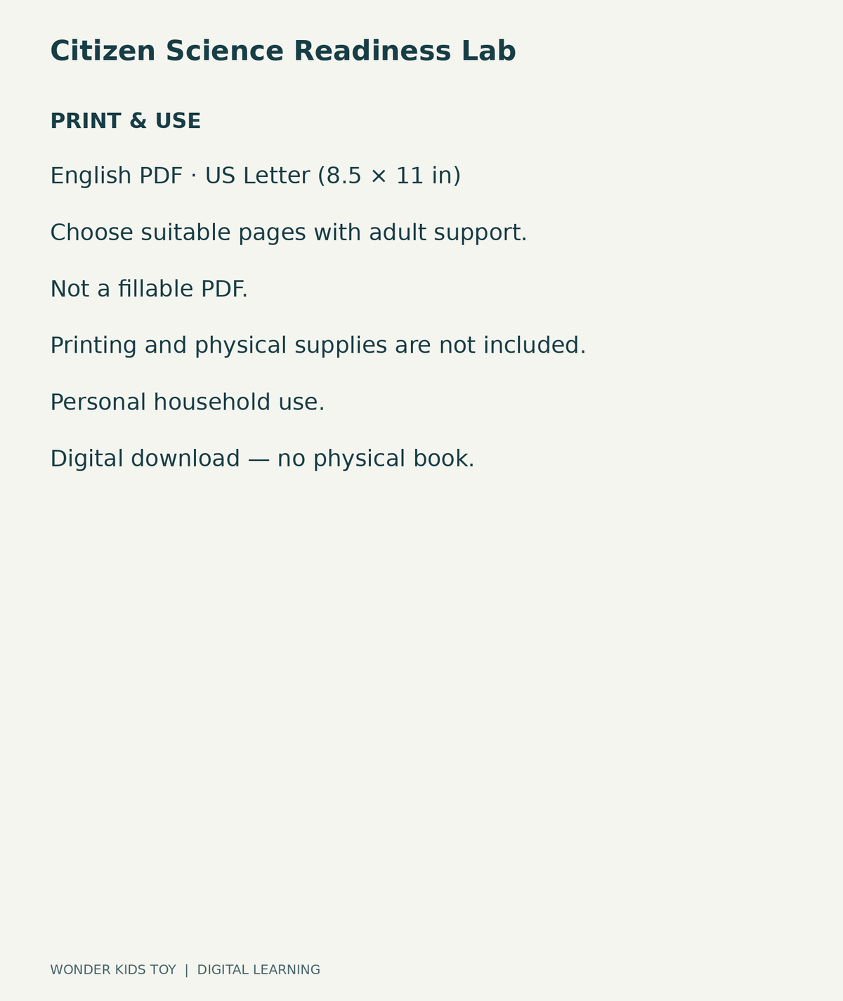 Citizen Science Readiness Lab: US Letter English printable PDF and household-use details