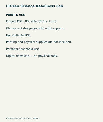 Citizen Science Readiness Lab: US Letter English printable PDF and household-use details