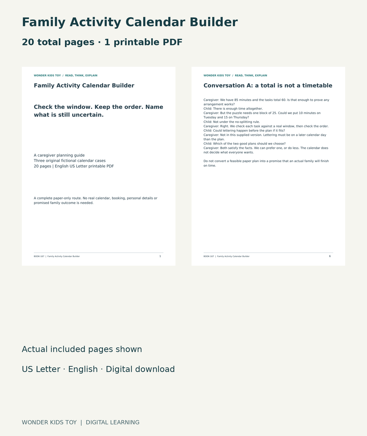 Family Activity Calendar Builder: actual included PDF cover and page6, 20 total pages