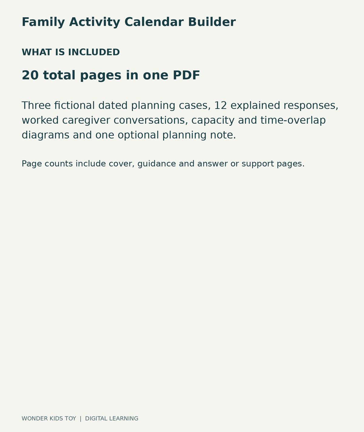 Family Activity Calendar Builder: contents overview, one PDF with 20 total pages