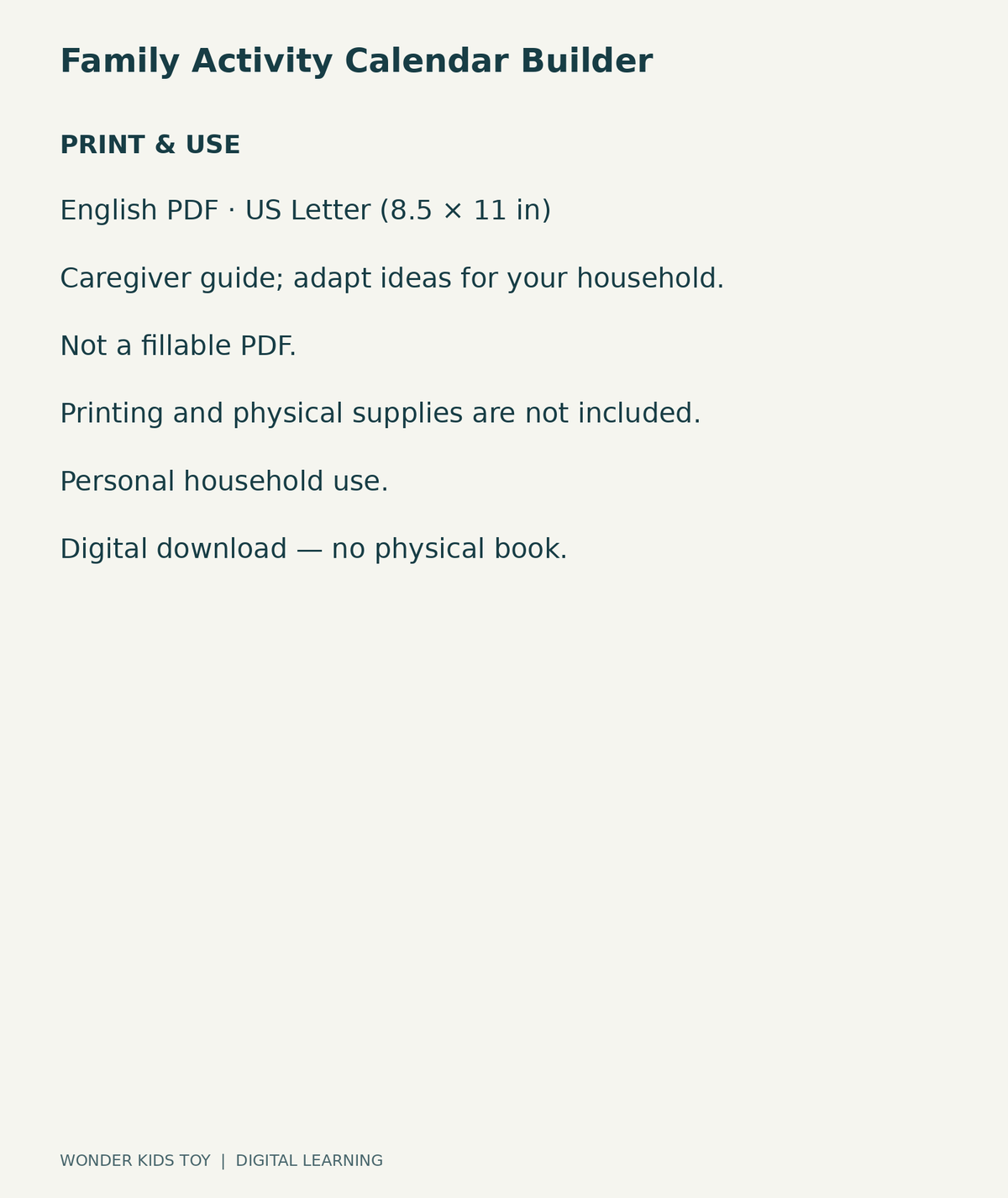 Family Activity Calendar Builder: US Letter English printable PDF and household-use details
