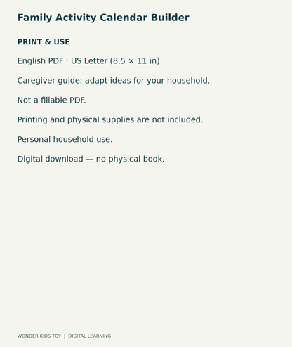 Family Activity Calendar Builder: US Letter English printable PDF and household-use details