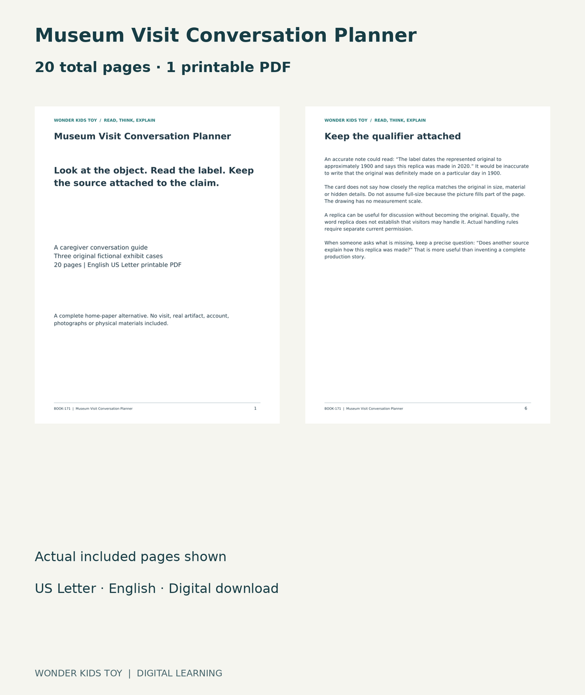 Museum Visit Conversation Planner: actual included PDF cover and page6, 20 total pages