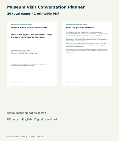 Museum Visit Conversation Planner: actual included PDF cover and page6, 20 total pages