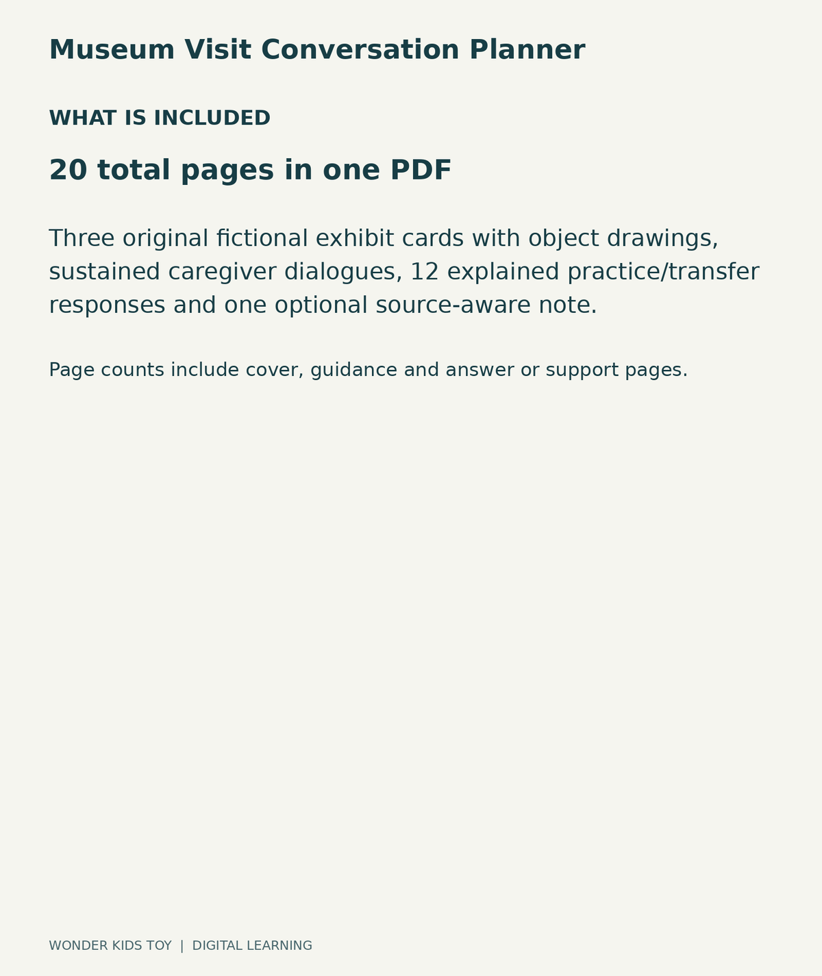 Museum Visit Conversation Planner: contents overview, one PDF with 20 total pages