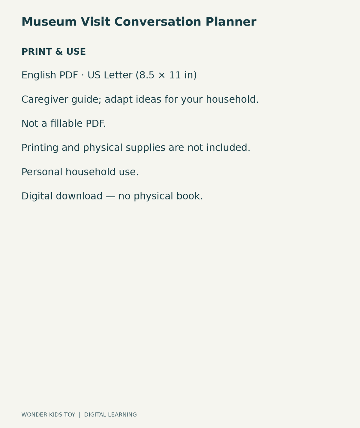 Museum Visit Conversation Planner: US Letter English printable PDF and household-use details